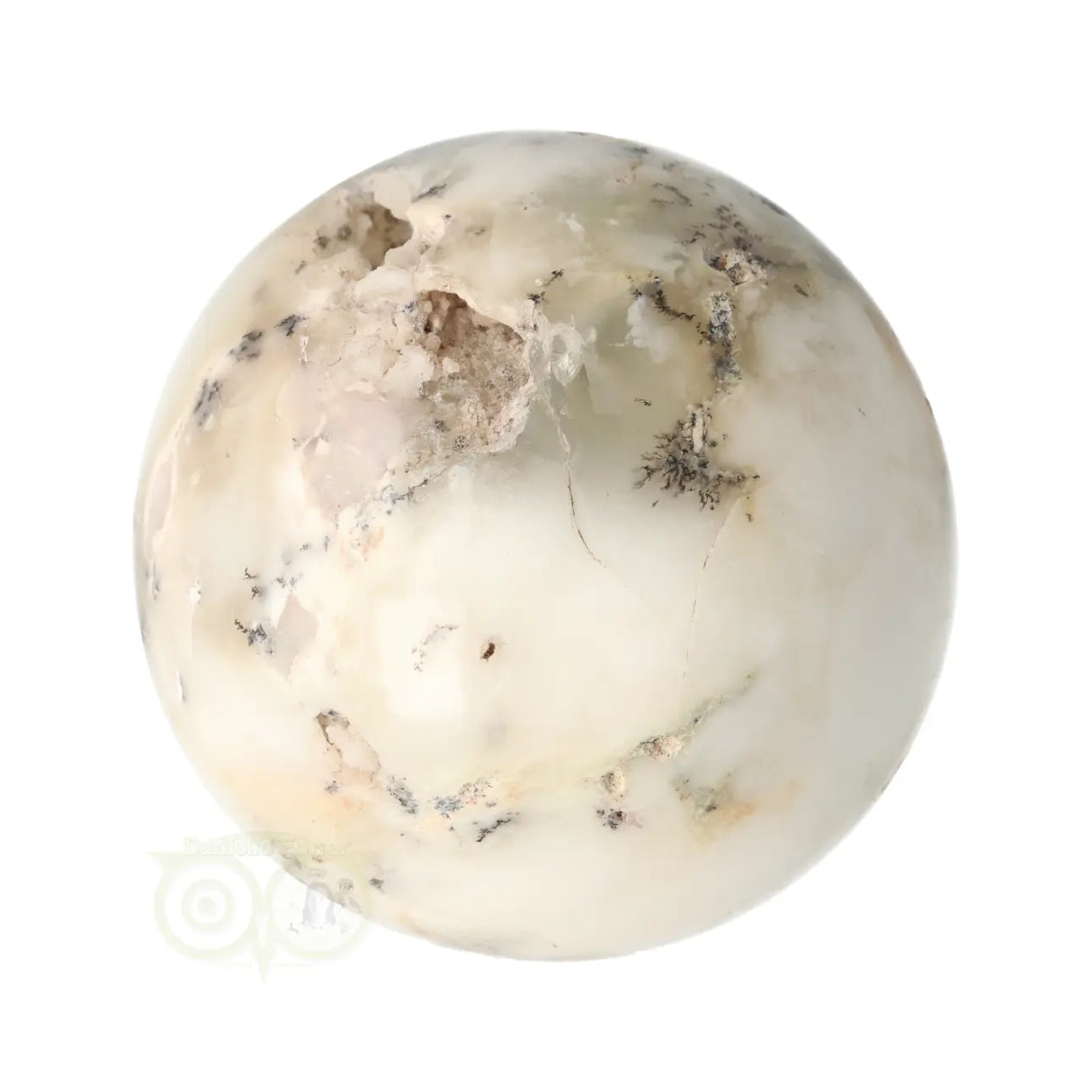 Dendriet opaal agaat bol 344 gram nr. 12 – warme oranje-beige vlek zichtbaar met witte en grijze dendrieten – Webshop Danielle Forrer