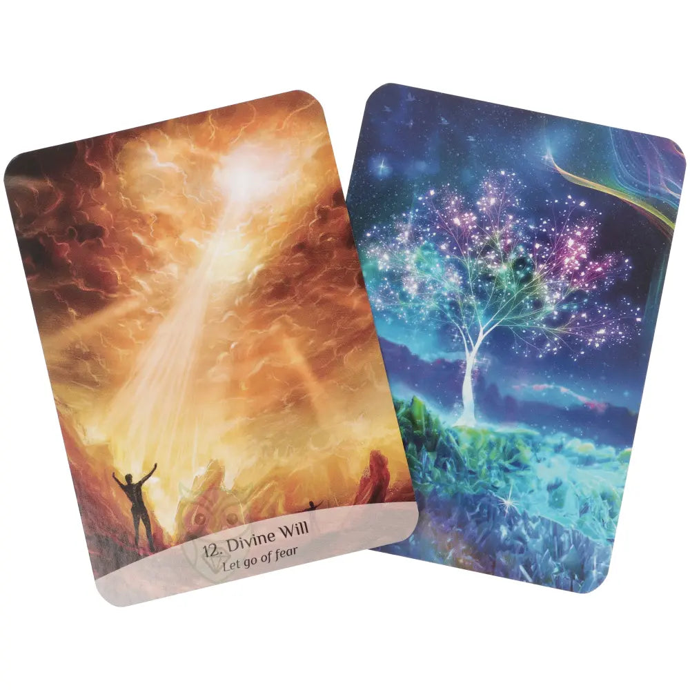 Sacred Spirit Oracle kaart Divine Will silhouet figuur in hemelslicht en sterrenboom achterkant – Webshop Danielle Forrer