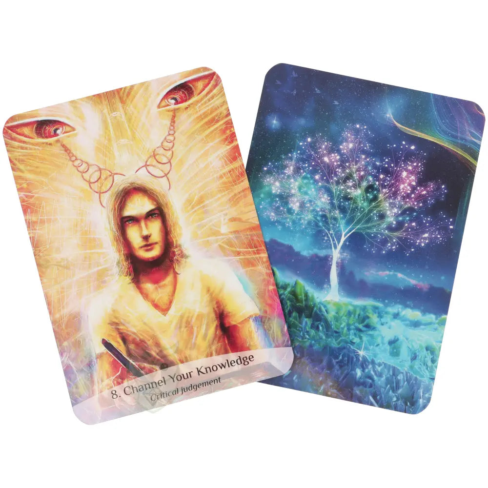 Sacred Spirit Oracle kaart Channel Your Knowledge verlicht mannelijk figuur met derde oog en sterrenboom achterkant – Webshop Danielle Forrer