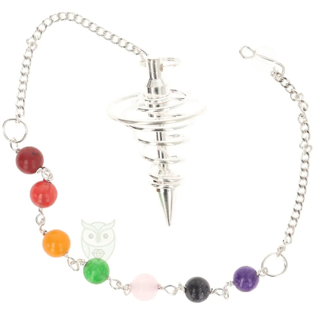 Zilverkleurige Spiraal Kooi Pendel met Chakra Ketting - 25,5 cm - Klein | Pendels online kopen
