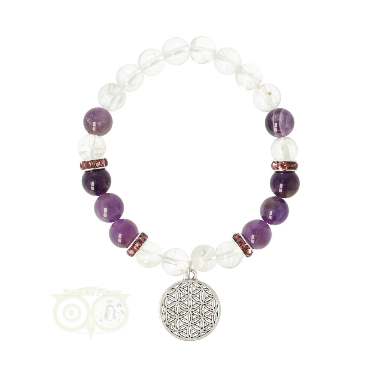 Armband bergkristal / amethist + bloem des levens bedel