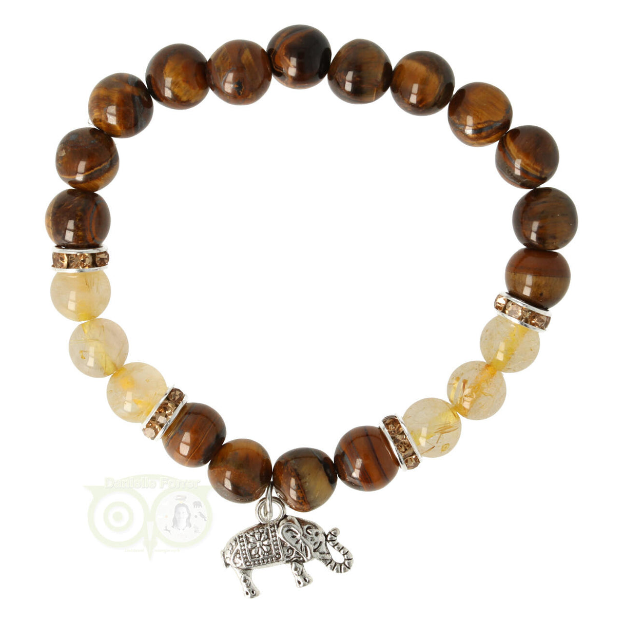 Tigerauge-/Rutilquarz-Armband mit Elefantenmotiv