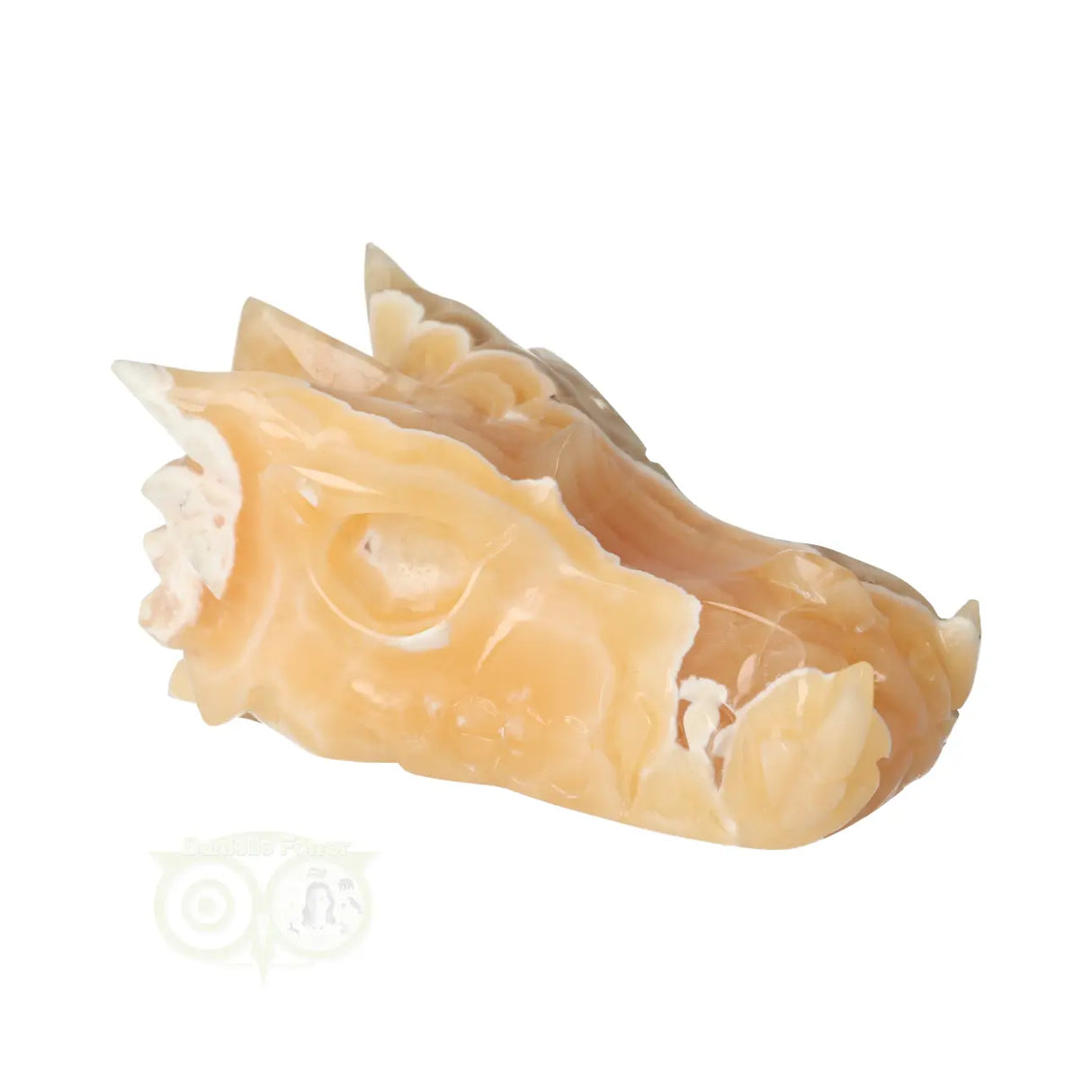 Kristallen draken schedel oranje calciet 290 gram carving