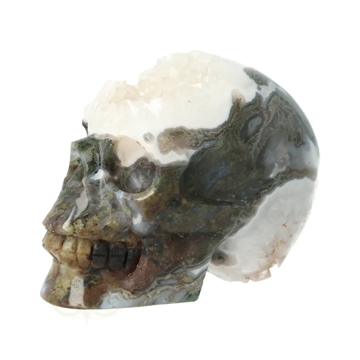 Moosachat – Bergkristallgeode Schädel 637 Gramm