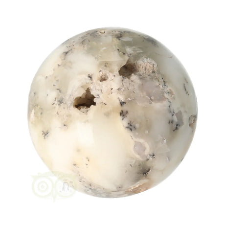 Dendriet opaal agaat bol 344 gram nr. 12 – zijaanzicht met geode-opening en ruwe witte kwartsvlakken – Webshop Danielle Forrer