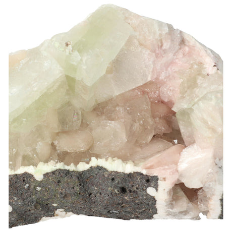 Close-up - Apofyliet met stilbiet cluster nr. 25, 1113 gram, groene kristalpunten met roze stilbiet 