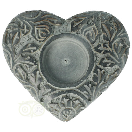 Grijze zeepsteen hart houder voor wierookstokje en waxinelicht – decoratieve meditatie accessoire