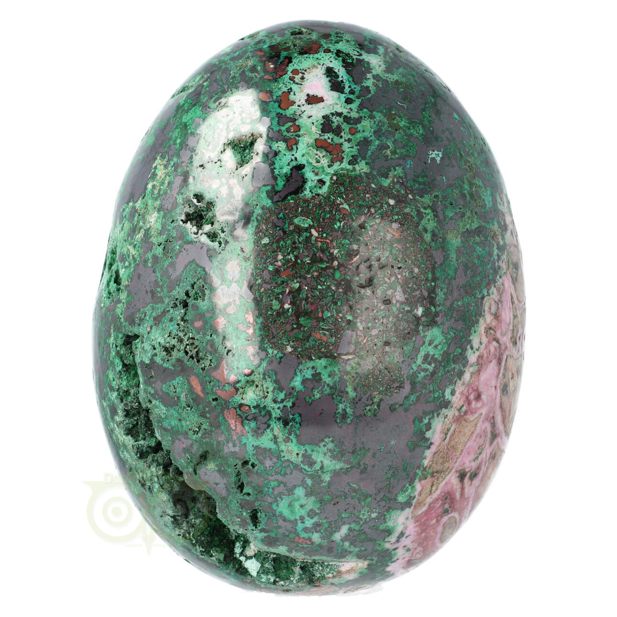 Malachiet chrysocolla ei – zijaanzicht links – roze cobalto calciet zichtbaar – Congo – Webshop Danielle Forrer
