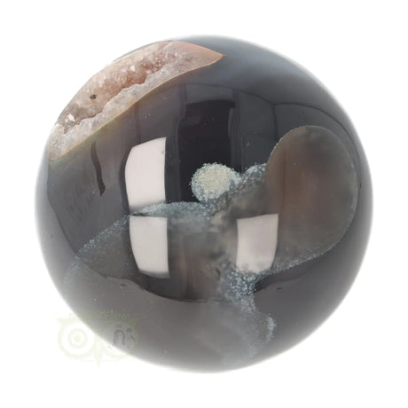 Agaat druzy geode bol 627 gram nr. 12 – onderaanzicht geode met helder kwarts en agaatbanding rondom – Webshop Danielle Forrer