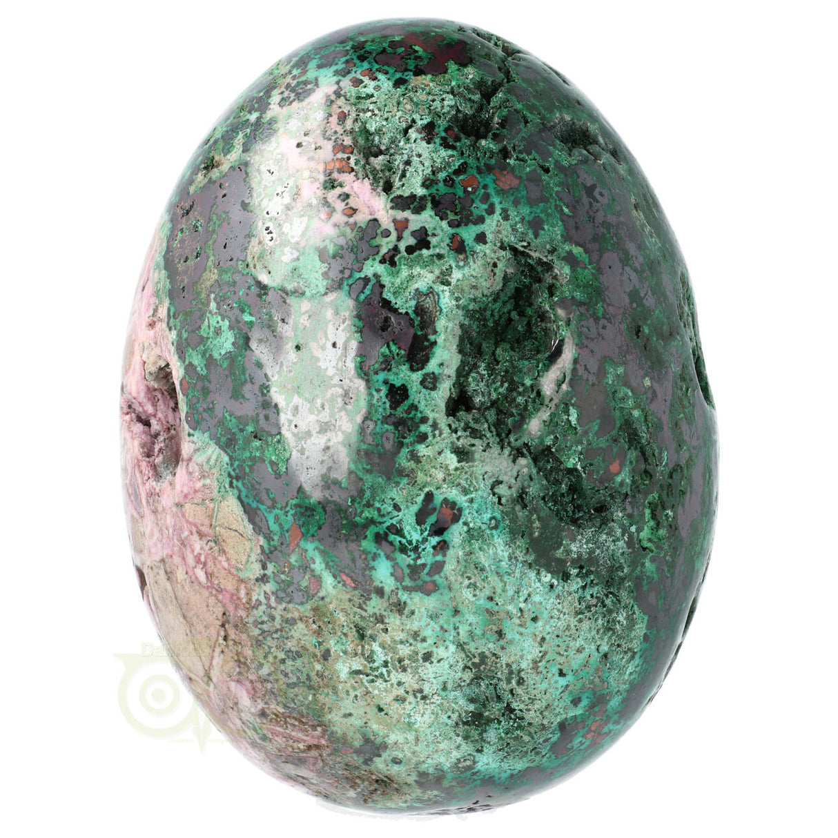 Malachiet chrysocolla ei – achterkant – chrysocolla blauwgroen detail – Congo – Webshop Danielle Forrer