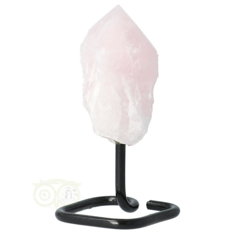 Rozenkwarts punt met metalen voet nr 11 – natuurlijke edelsteen van 12,5 cm hoog