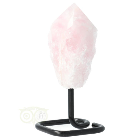 Rozenkwarts punt met metalen voet nr 12 – natuurlijke edelsteen van 13,9 cm hoog