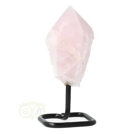 Rozenkwarts punt met metalen voet nr 14 – natuurlijke edelsteen van 14,3 cm hoog