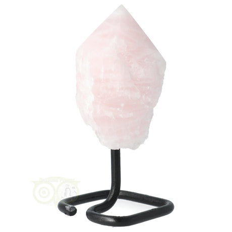 Rozenkwarts punt met metalen voet nr 8 – natuurlijke edelsteen van 14 cm hoog
