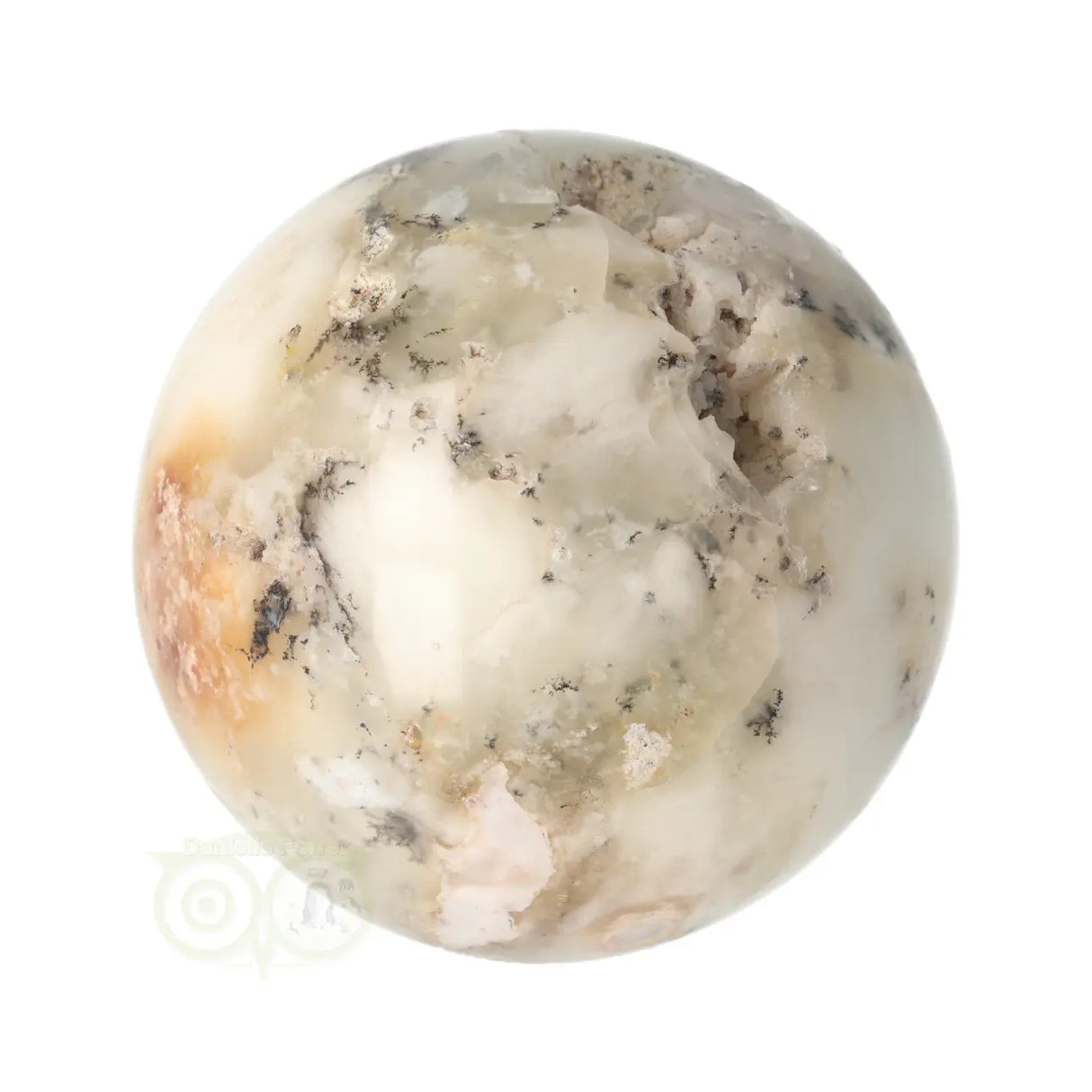  Dendriet opaal agaat bol 344 gram nr. 12 – onderaanzicht met warme beige en zachte roze opaalzone – Webshop Danielle Forrer