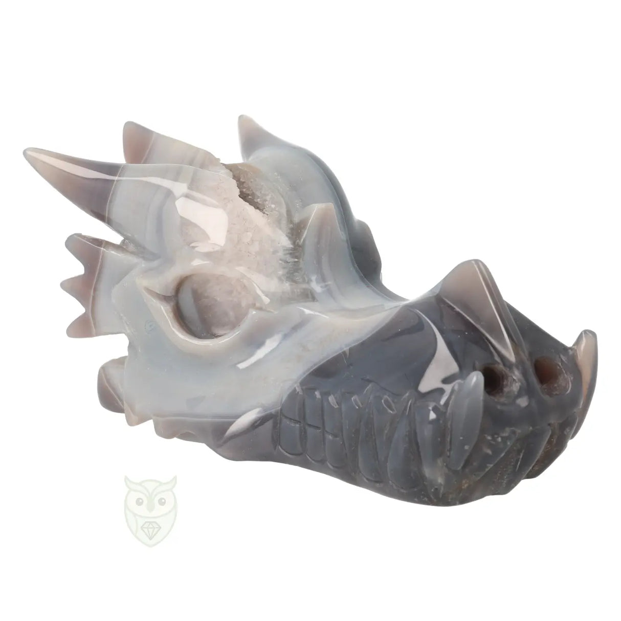 Agaat geode drakenschedel 822 gram met bergkristal en belijning