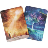 Sacred Spirit Oracle kaart Divine Will silhouet figuur in hemelslicht en sterrenboom achterkant – Webshop Danielle Forrer