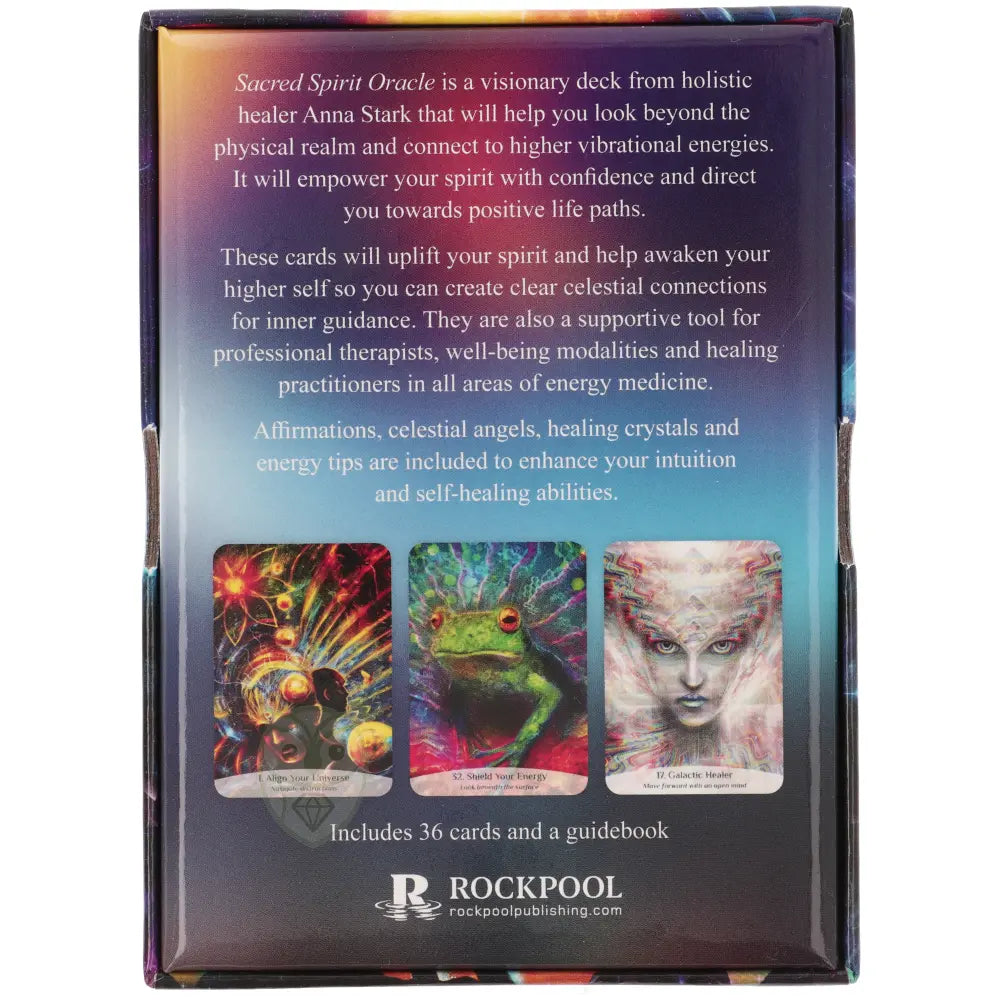 Sacred Spirit Oracle achterkant doos met drie voorbeeldkaarten en producttekst – Anna Stark – Webshop Danielle Forrer