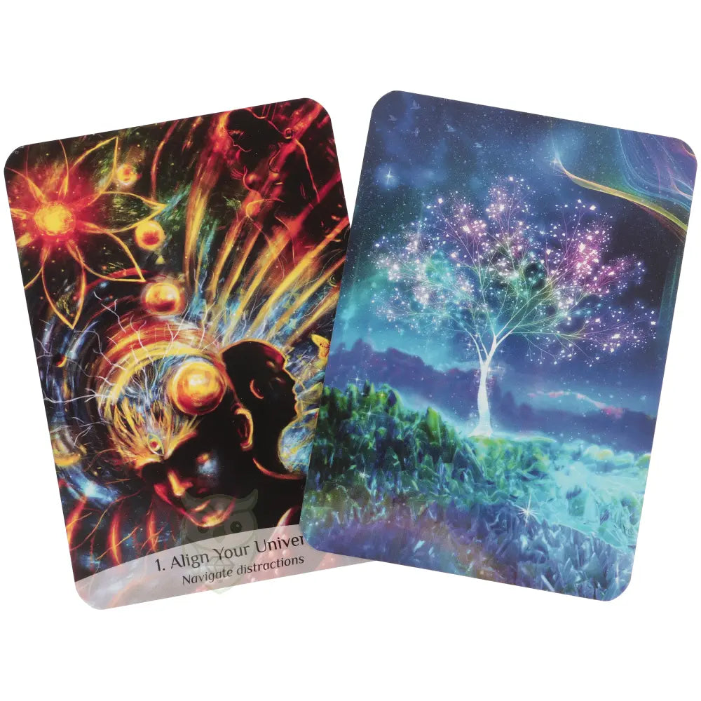 Sacred Spirit Oracle kaart Align Your Universe met energiefiguur voor- en achterkant sterrenboom – Webshop Danielle Forrer