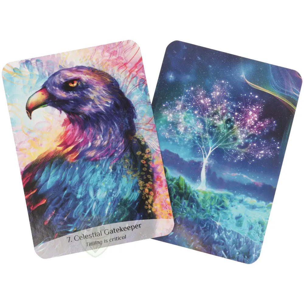 Sacred Spirit Oracle kaart Celestial Gatekeeper kleurrijke adelaar close-up en sterrenboom achterkant – Webshop Danielle Forrer