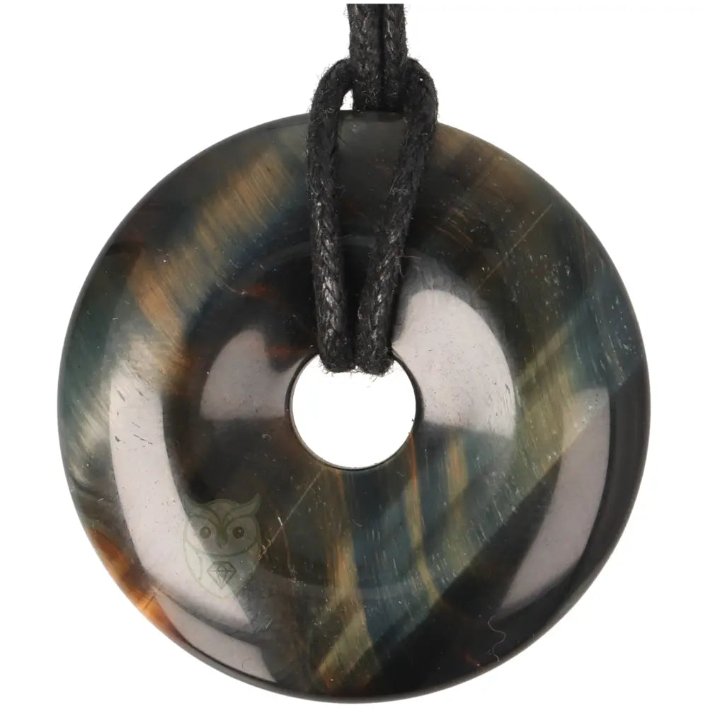 Valkenoog (blauwe tijgeroog) donut hanger nr. 11 - Ø 4 cm inclusief waxkoord 