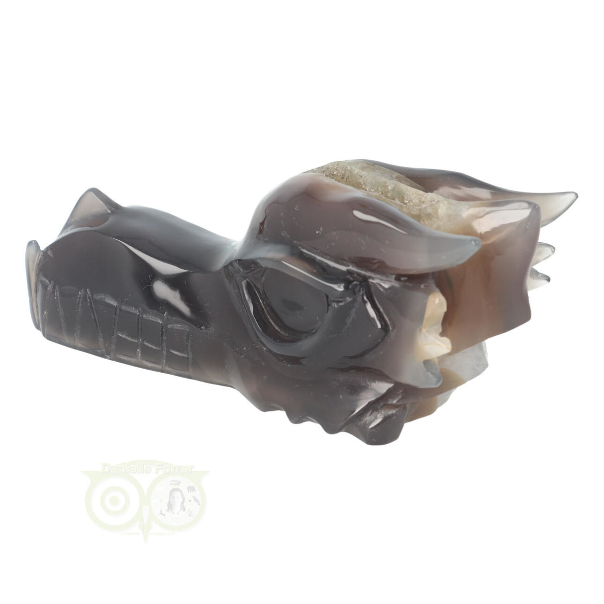 Agaat edelstenen draken schedel 618 gram met geode binnenzijde
