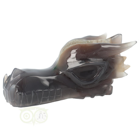 Donkerbruine agaat draken schedel 618 gram met geode structuur