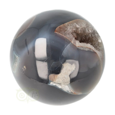 Agaat druzy geode bol 627 gram nr. 12 – roze druzy kristallen bovenin met blauwe micro-druzy rechts – Webshop Danielle Forrer