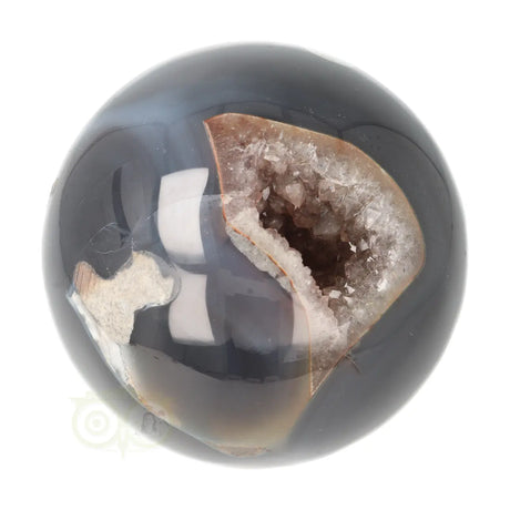 Agaat druzy geode bol 627 gram nr. 12 – zijaanzicht met roze geode linksboven en blauwe druzy-druipen rechts – Webshop Danielle Forrer
