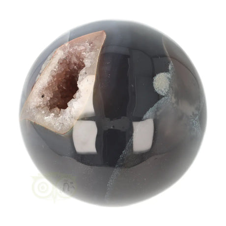 Agaat druzy geode bol 627 gram nr. 12 – frontaanzicht geode met ruwe witte calciet en agaatbanding – Webshop Danielle Forrer