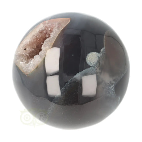 Agaat druzy geode bol 627 gram nr. 12 – bovenaanzicht zwart gepolijst met kleine roze druzy kristallen – Webshop Danielle Forrer