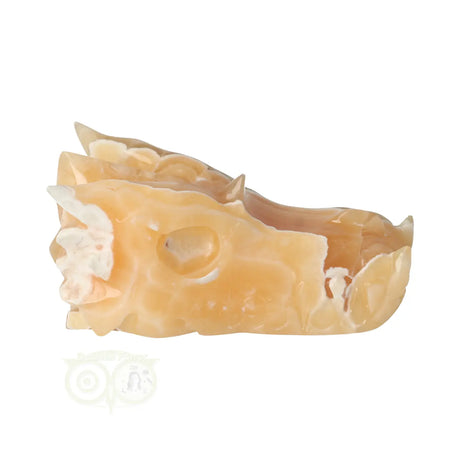 Oranje calciet schedel draak 290 gram met zachte glans