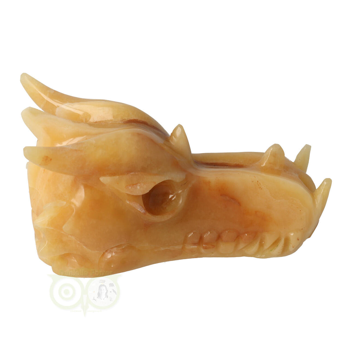 Calciet draken schedel 782 gram met belijning over lengte