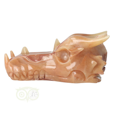 Calciet drakenschedel carving 803 gram met lichte oogzijde