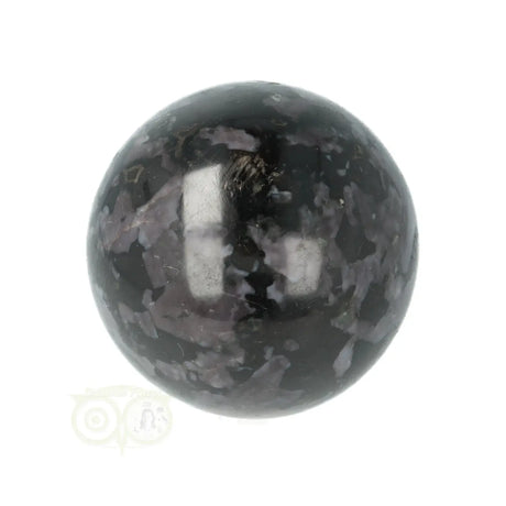  Gabbro Merliniet bol 176 gram nr. 11 – driekwart aanzicht met glanzend gepolijst oppervlak en witte vlekpatronen – Webshop Danielle Forrer