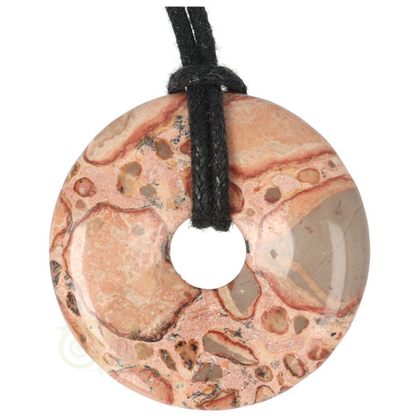 Kalkooliet leopardiet donut hanger nr 6 – edelsteen Ø 4 cm met zwart waxkoord
