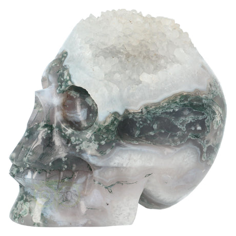 mosagaat crystal skull met geode en kristallen structuur