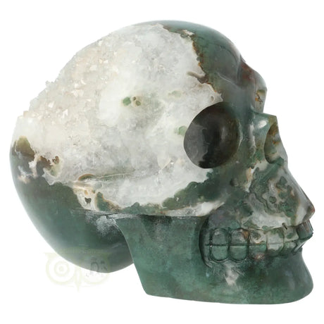 mosagaat crystal skull 12 cm met geode en natuurlijke insluitsels