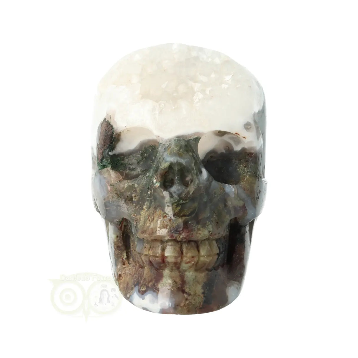 Moss agate - Rock crystal geode skull 637 grams