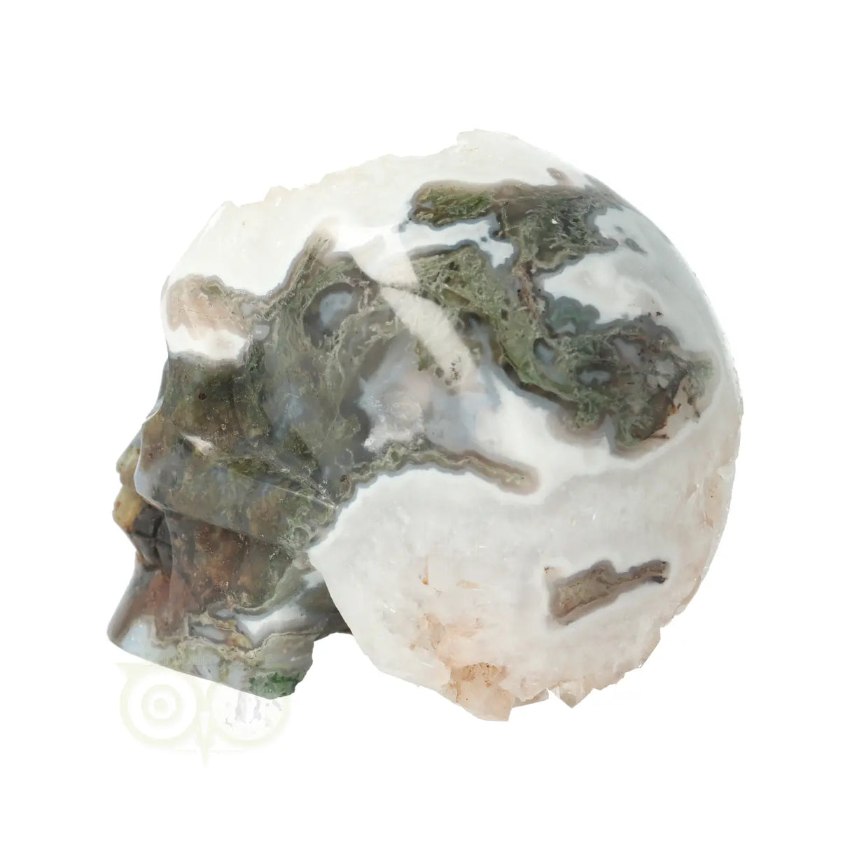 Moss agate - Rock crystal geode skull 637 grams