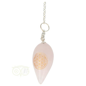Rozenkwarts pendel druppelvorm met Bloem des Levens hanger roze edelsteen