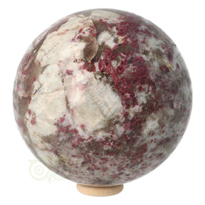 Rubbeliet bol 1018 gram nr. 1 Ø 8,90 cm – wit kwarts met roze en paarsrode toermalijnkristallen op houten standaard – Webshop Danielle Forrer