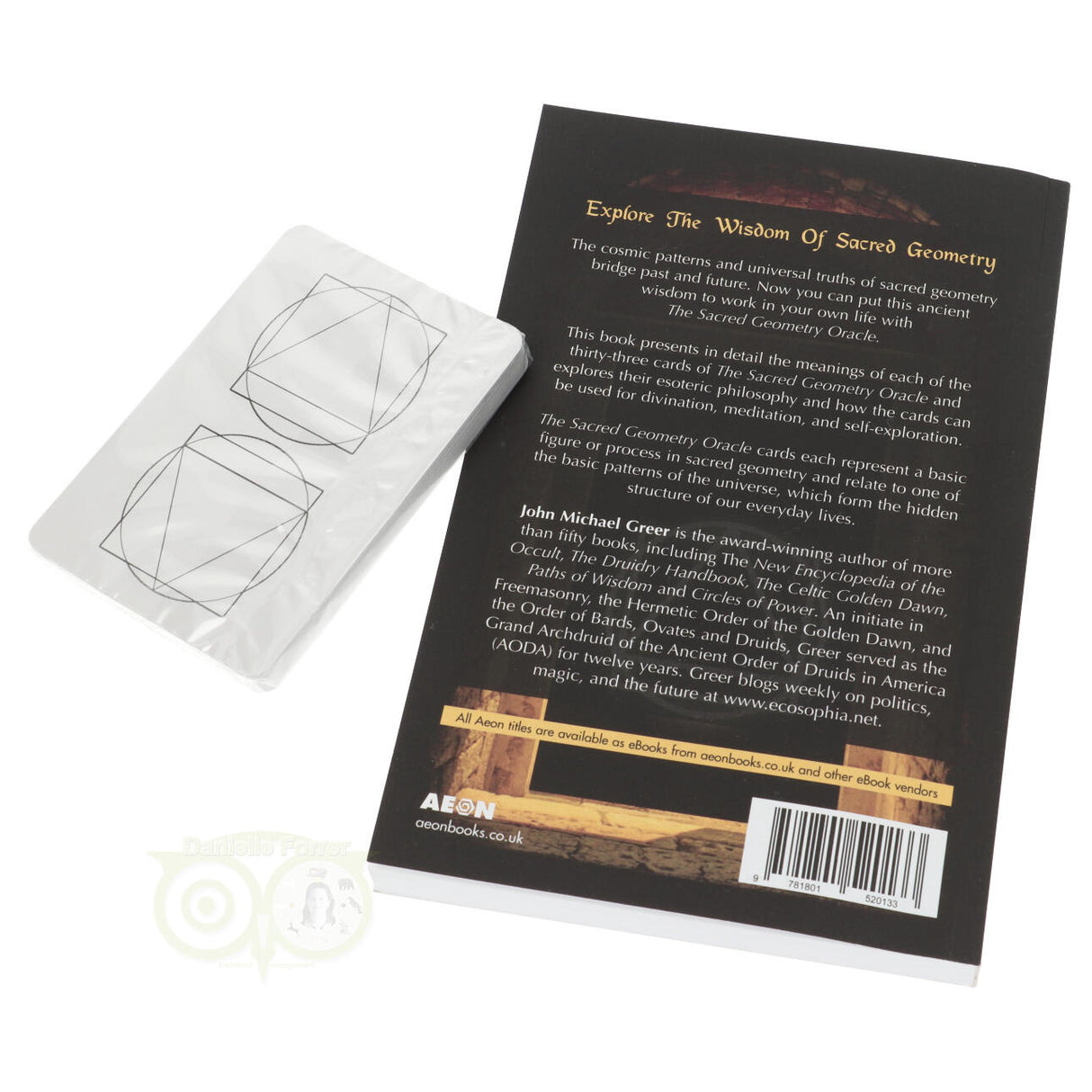 Kaartenset heilige geometrie met boek en symbolische vormen