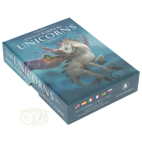 Unicorns Oracle Paolo Barbieri zijkant doos – Engelstalig orakelspel boek en kaarten Lo Scarabeo – Webshop Danielle Forrer