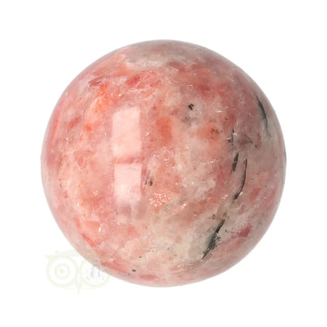 Zonnesteen bol 186 gram nr. 48 – zijaanzicht met warme roze en oranje tinten door lichtinval – India – Webshop Danielle Forrer