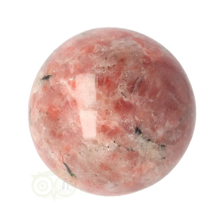 Zonnesteen bol 186 gram nr. 48 – bovenaanzicht met rijke rode vlekken op perzikroze achtergrond – India – Webshop Danielle Forrer